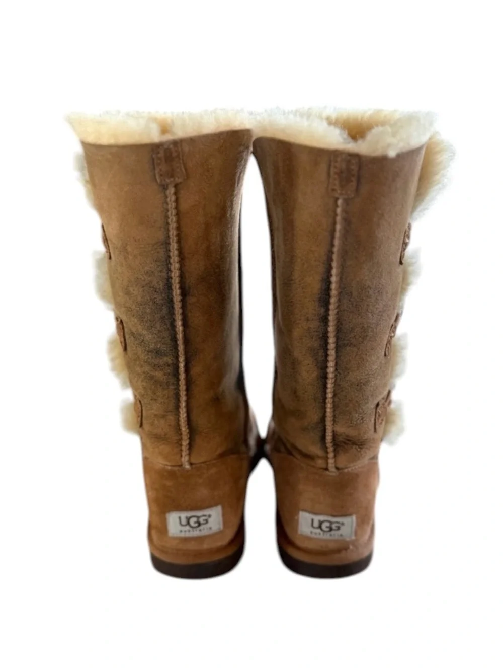 UGG Bailey Button Triplet Tall Sheepskin Boots Brown Cream Women’s 6